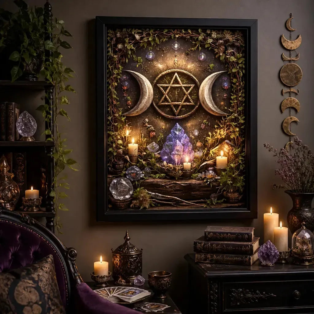 Sacred Triple Moon Wall Art - Black Framed Witchy Canvas for Magical Home Decoration_mockup_1.webp
