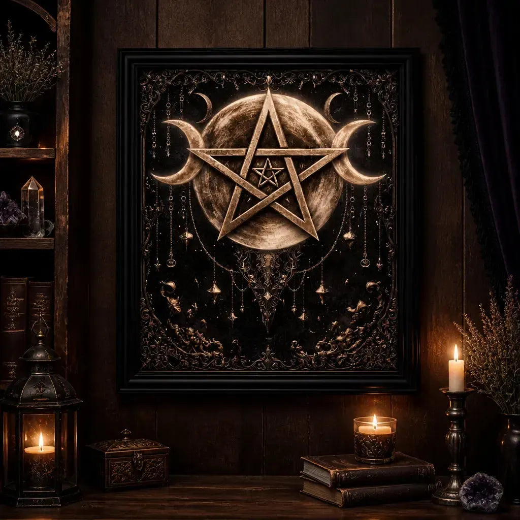 Gothic Triple Moon Pentagram Canvas Wall Art - Halloween Black Framed Print for Witch Altar_mockup_2.webp