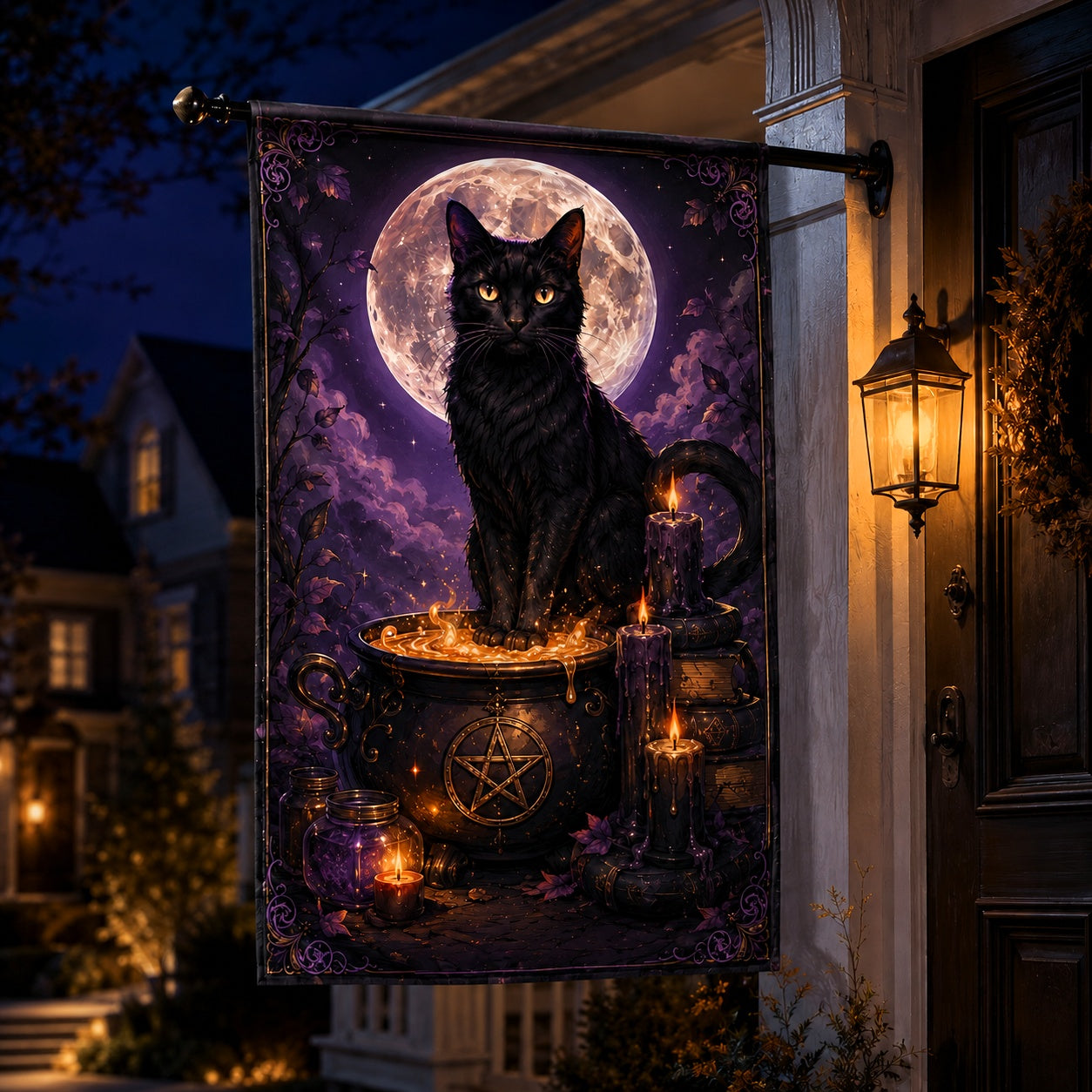 Black Cat Cauldron house flag with Full Moon Pentacle witch design