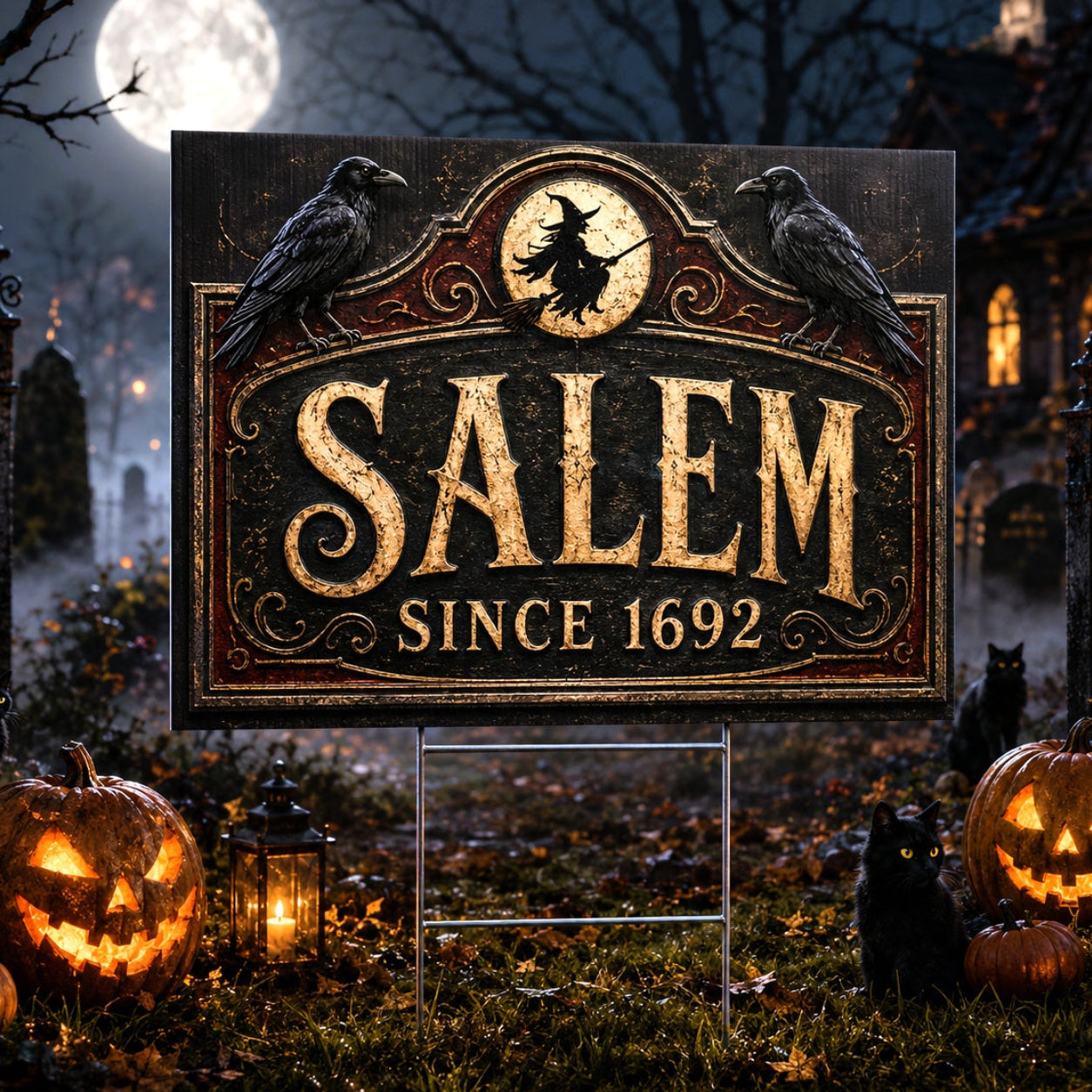 Spooky Witch Raven Salem Halloween Yard Sign - front view