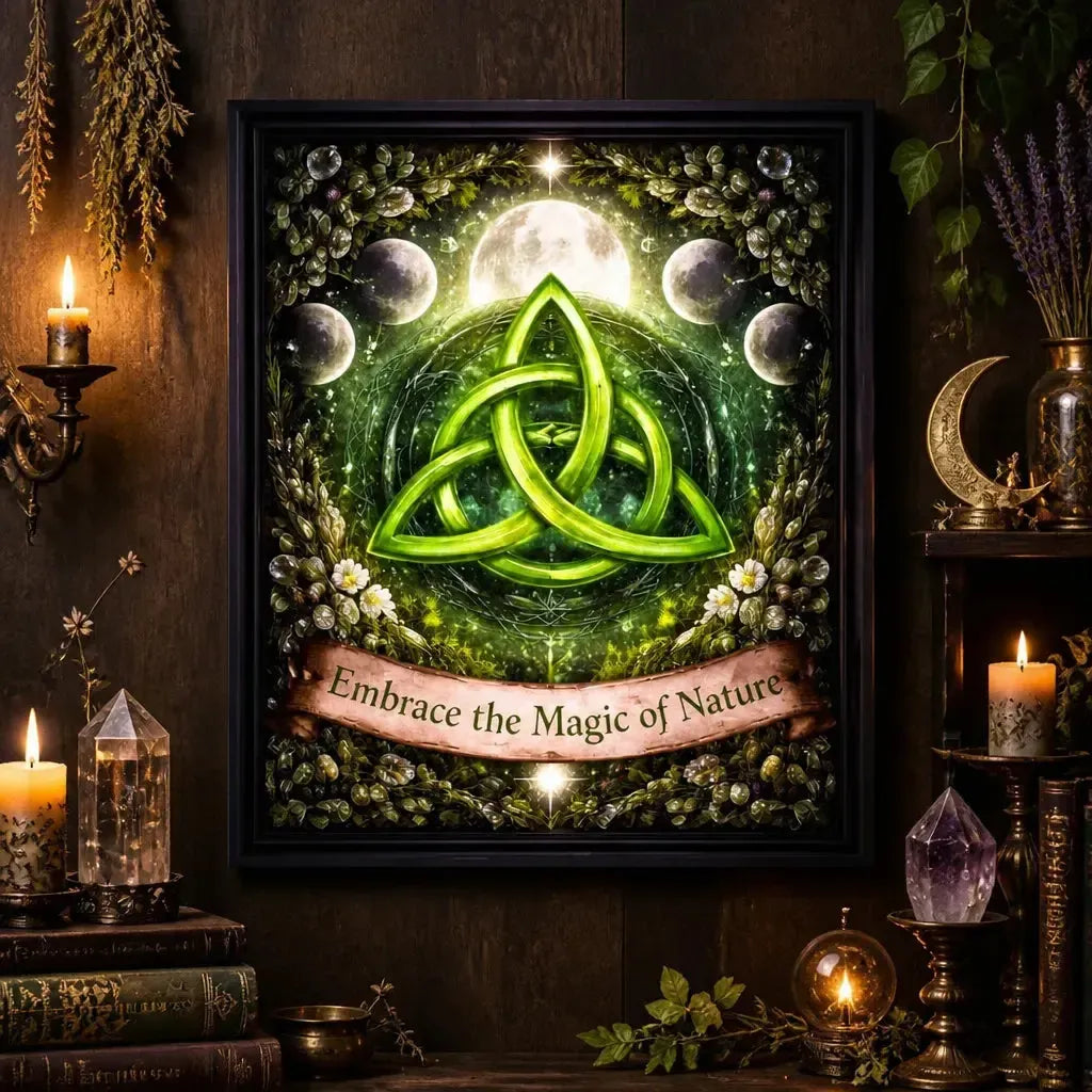 Moon Phase & Triquetra Wiccan Wall Art - Celtic Trinity Knot Black Framed Canvas for Pagan Altar Decor_mockup_2.webp