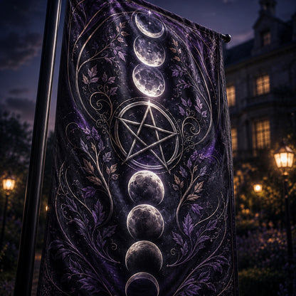 Close-up of Moon Phase Pentacle house flag showing lunar cycle artwork