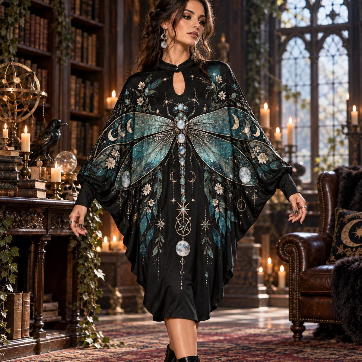 Dragonfly Moon Celestial Batwing Dress – Witchy Pentagram Gothic Midi – worn, in motion