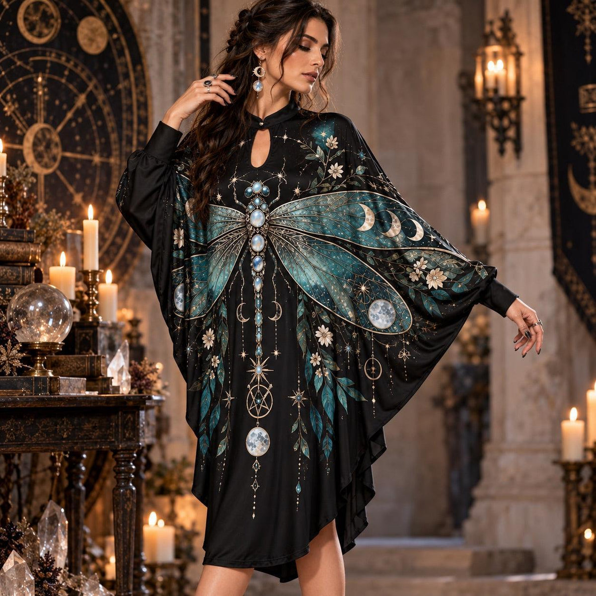 Dragonfly Moon Celestial Batwing Dress – Witchy Pentagram Gothic Midi – worn, three quarter view