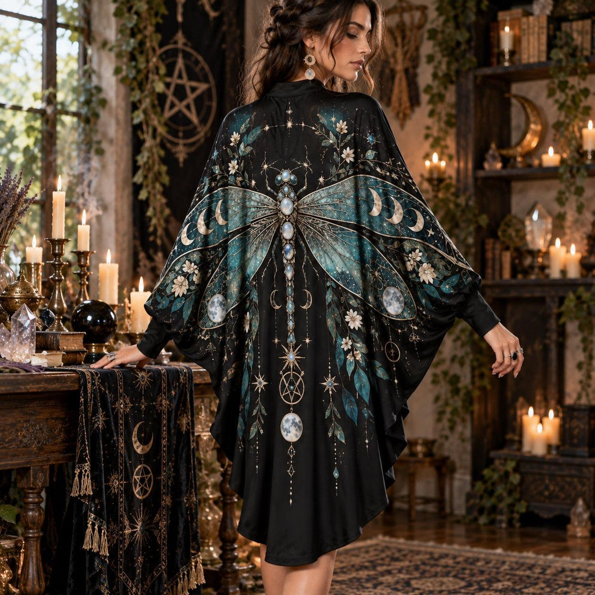 Dragonfly Moon Celestial Batwing Dress – Witchy Pentagram Gothic Midi – worn, back view