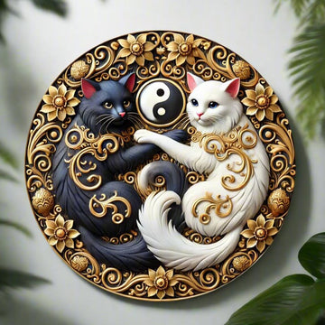 Black & White Cat Metal Sign Yin Yang Cat Wall Sign Feng Shui Home Decor-MoonChildWorld