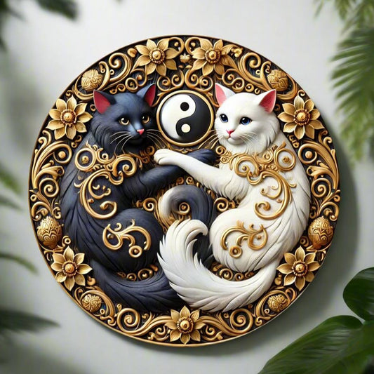 Black & White Cat Metal Sign Yin Yang Cat Wall Sign Feng Shui Home Decor