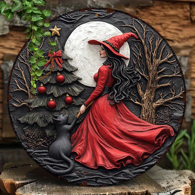 Black Cat and Christmas Witch Wall Art Wiccan Metal Sign for Pagan Yule Home Decorations-MoonChildWorld