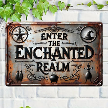 Enter the Enchanted Realm Metal Sign Witch Wall Decor Halloween Welcome Sign-MoonChildWorld