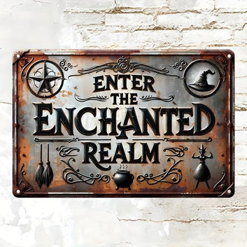 Enter the Enchanted Realm Metal Sign Witch Wall Decor Halloween Welcome Sign