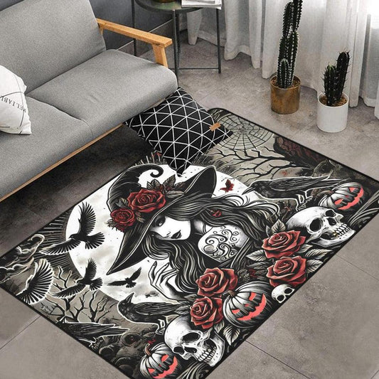 Skull Raven and Dark Witch Area Rug Gothic Witch Carpet for Halloween