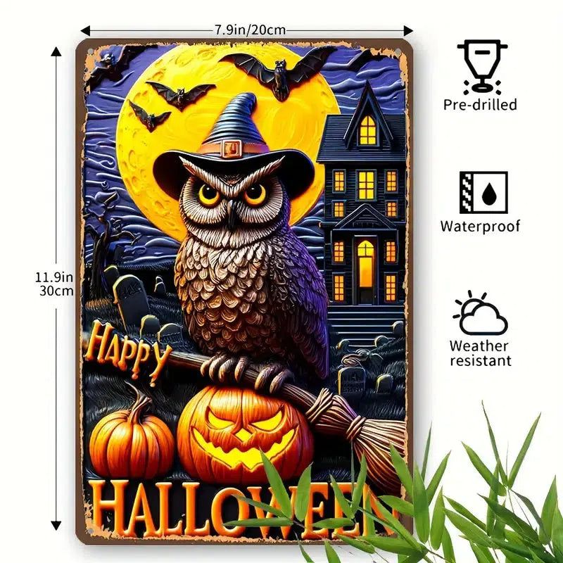 Owl & Pumpkin Metal Sign Spooky Halloween Home Decor-MoonChildWorld