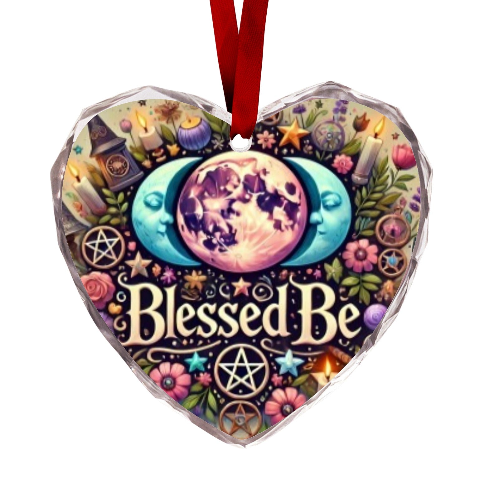 Pentacle Triple Moon Pagan Christmas Heart-Shaped Crystal Glass Ornament-MoonChildWorld