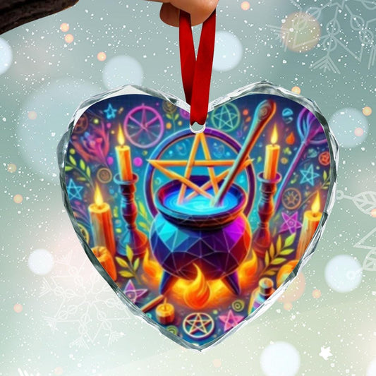 Magick Pentacle Witch Cauldron Wicca Yule Heart-Shaped Crystal Glass Ornament