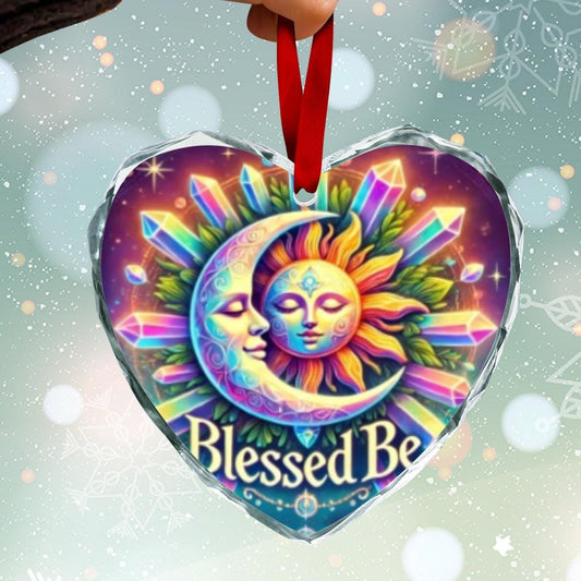 Celestial Sun Moon Pagan Yule Heart-Shaped Crystal Glass Ornament