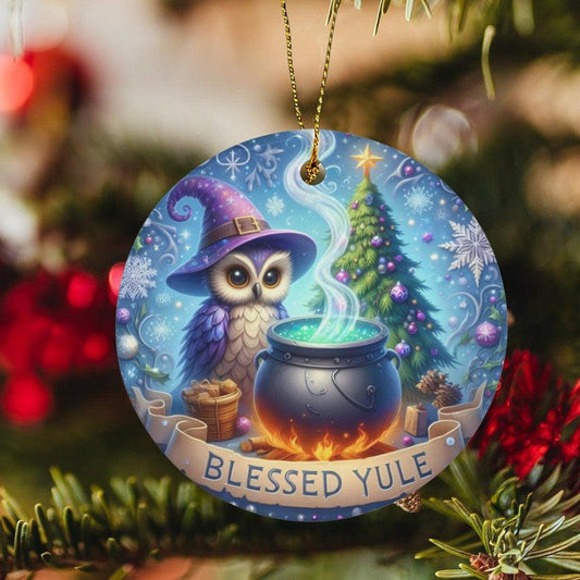 Witchy Owl Ceramic Christmas Ornament for Yule Tree Decorations