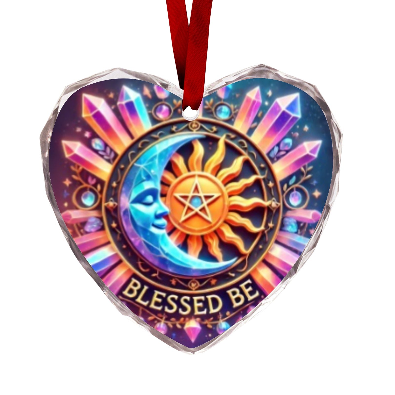 Pagan Yule Sun Moon Wicca Christmas Heart-Shaped Crystal Glass Ornament-MoonChildWorld