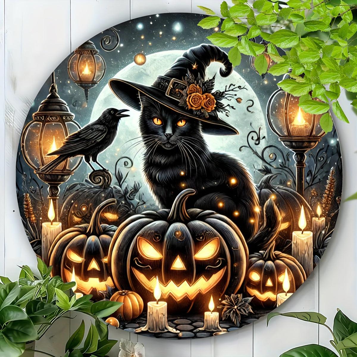 Spooky Halloween Wall Art Black Cat Metal Sign Halloween Decoration-MoonChildWorld