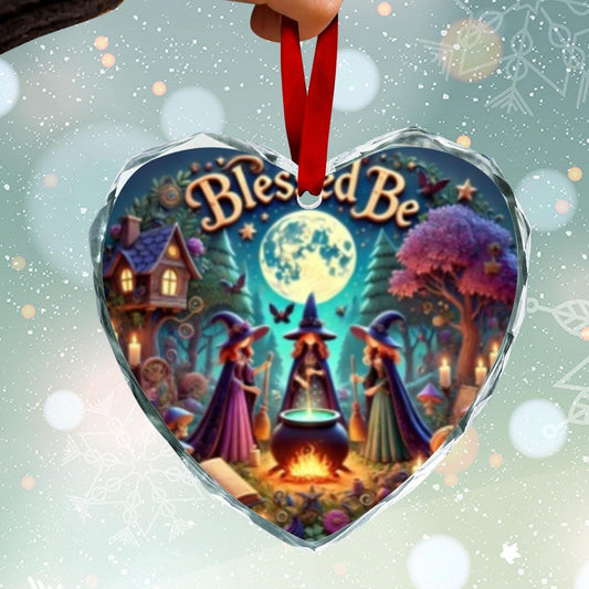 Halloween Moonlit Witch Gothic Christmas Heart-Shaped Crystal Glass Ornament