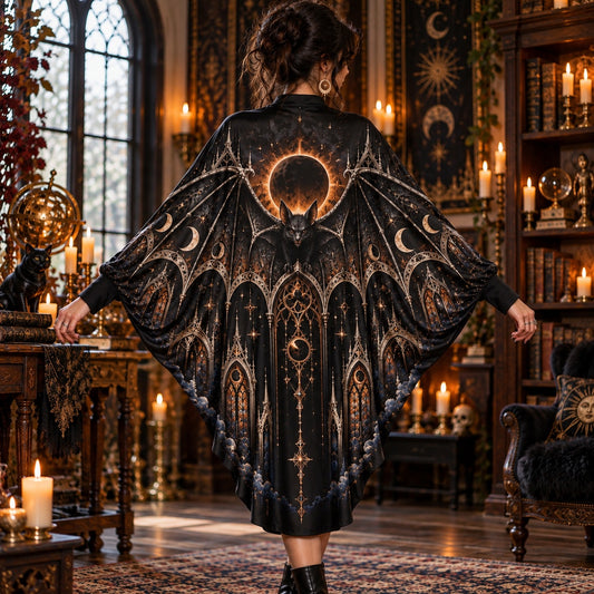 Eclipse Bat Cathedral Gothic Batwing Dress – Witchy Halloween Midi – worn, back view