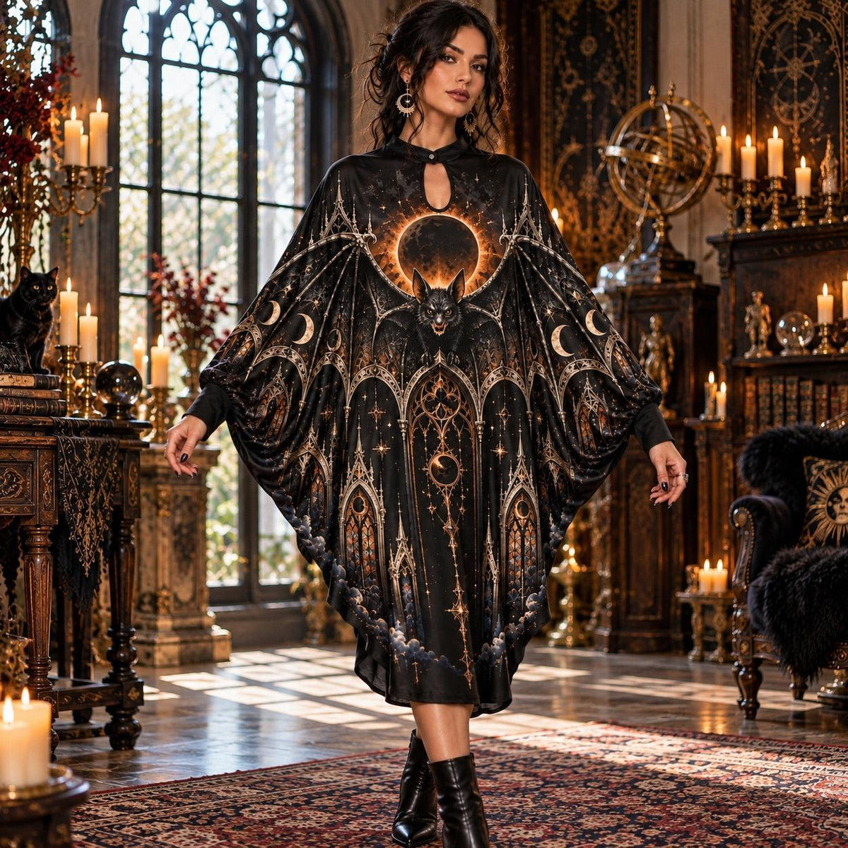 Eclipse Bat Cathedral Gothic Batwing Dress – Witchy Halloween Midi – worn, in motion