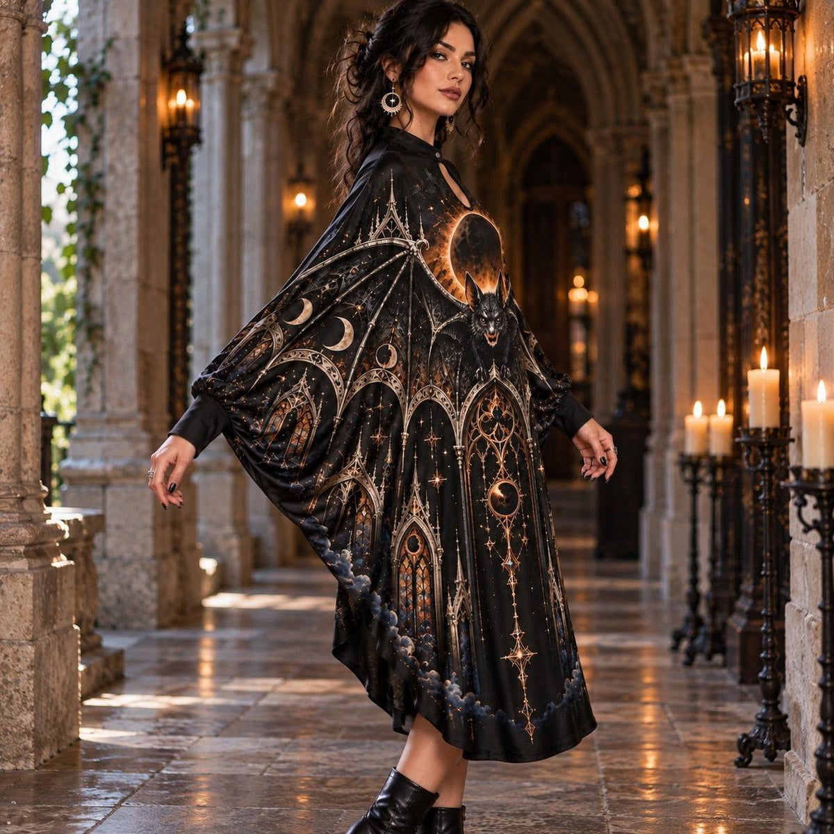 Eclipse Bat Cathedral Gothic Batwing Dress – Witchy Halloween Midi – worn, three quarter view