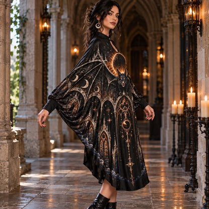Eclipse Bat Cathedral Gothic Batwing Dress – Witchy Halloween Midi – worn, three quarter view
