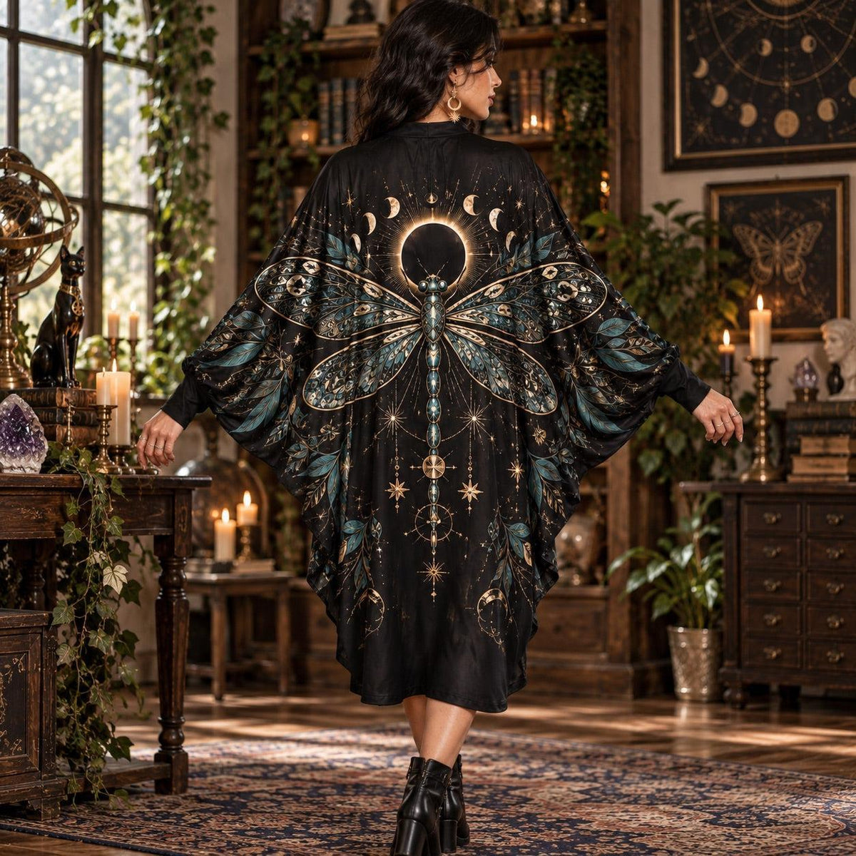 Eclipse Dragonfly Celestial Batwing Dress – Witchy Gothic Moon Midi – worn, back view