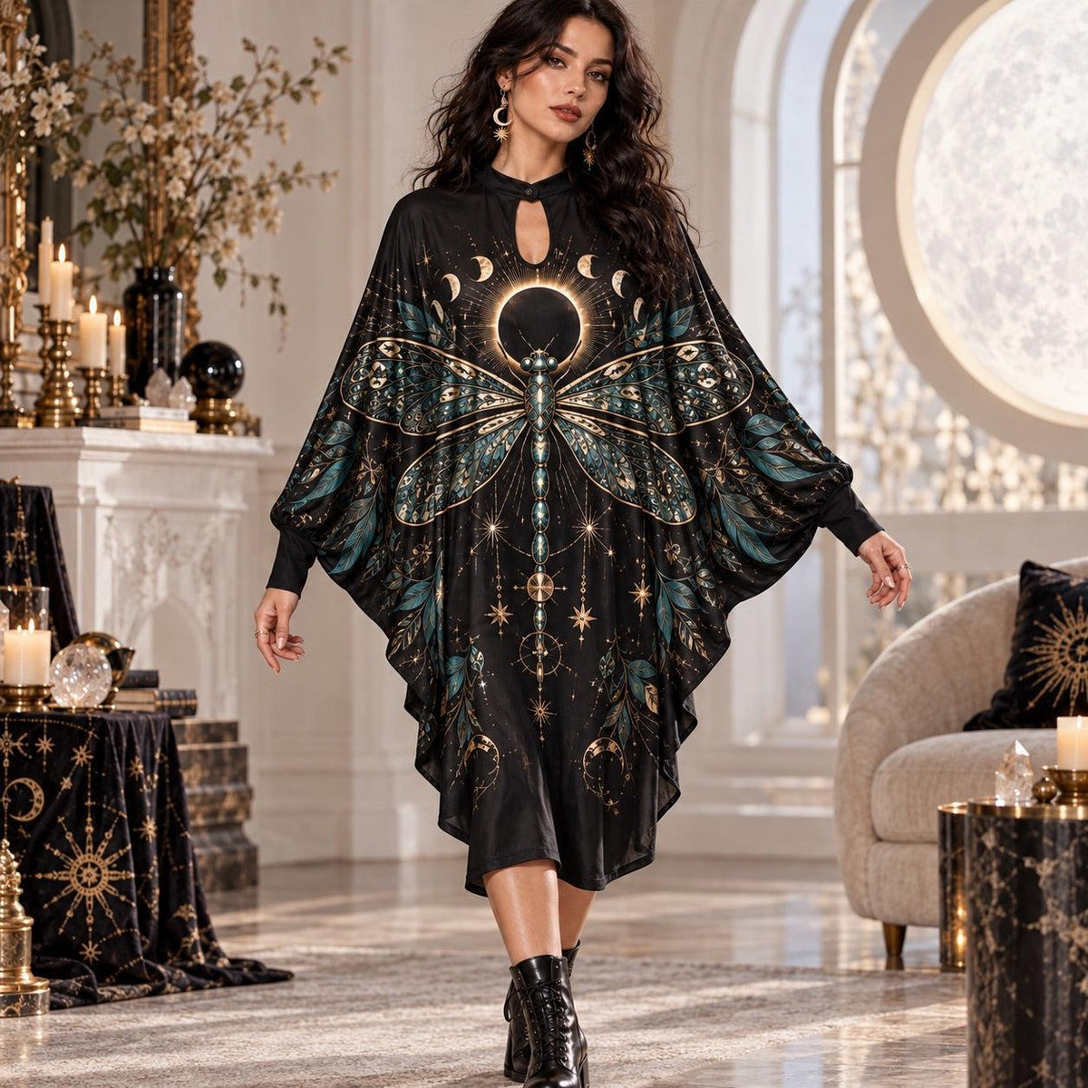 Eclipse Dragonfly Celestial Batwing Dress – Witchy Gothic Moon Midi – worn, in motion