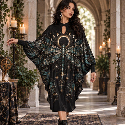 Eclipse Dragonfly Celestial Batwing Dress – Witchy Gothic Moon Midi – worn, three quarter view