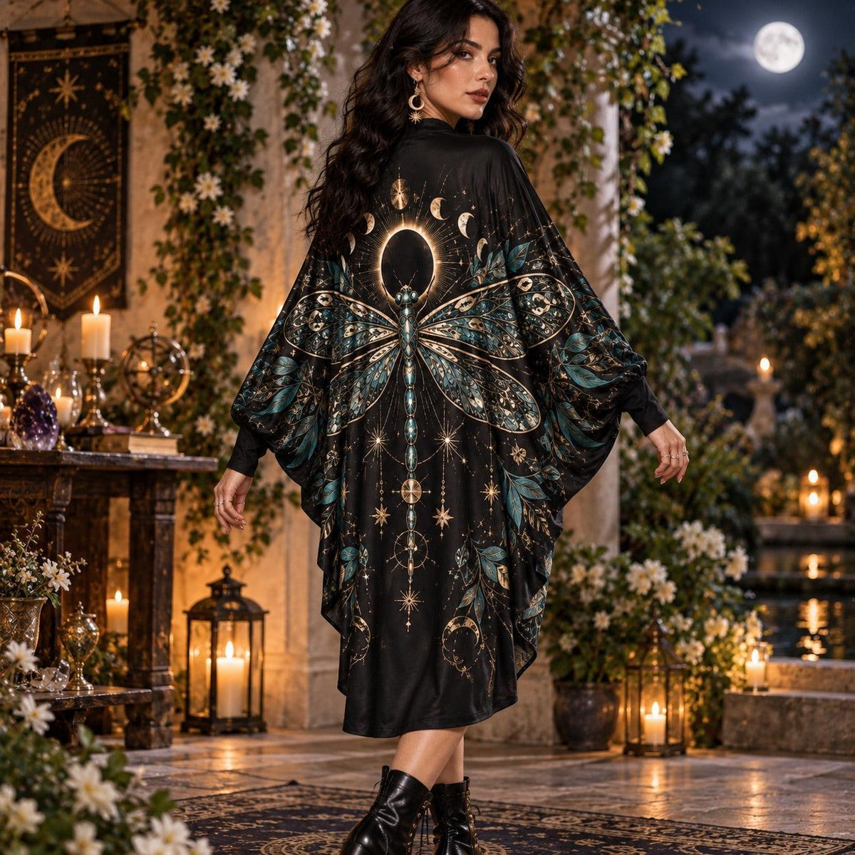 Eclipse Dragonfly Celestial Batwing Dress – Witchy Gothic Moon Midi – worn, back view