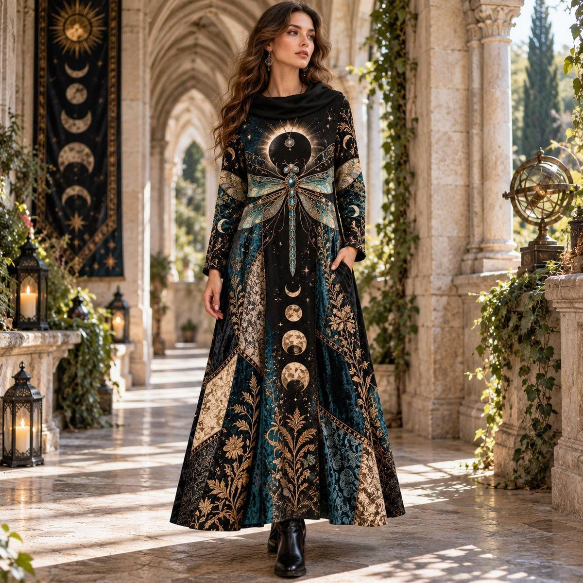 Eclipse Dragonfly Celestial Cowl Neck Dress – Witchy Moon Maxi – worn, in motion