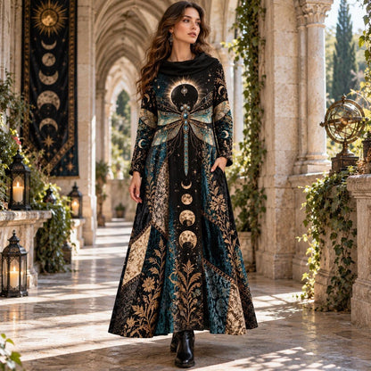 Eclipse Dragonfly Celestial Cowl Neck Dress – Witchy Moon Maxi – worn, in motion