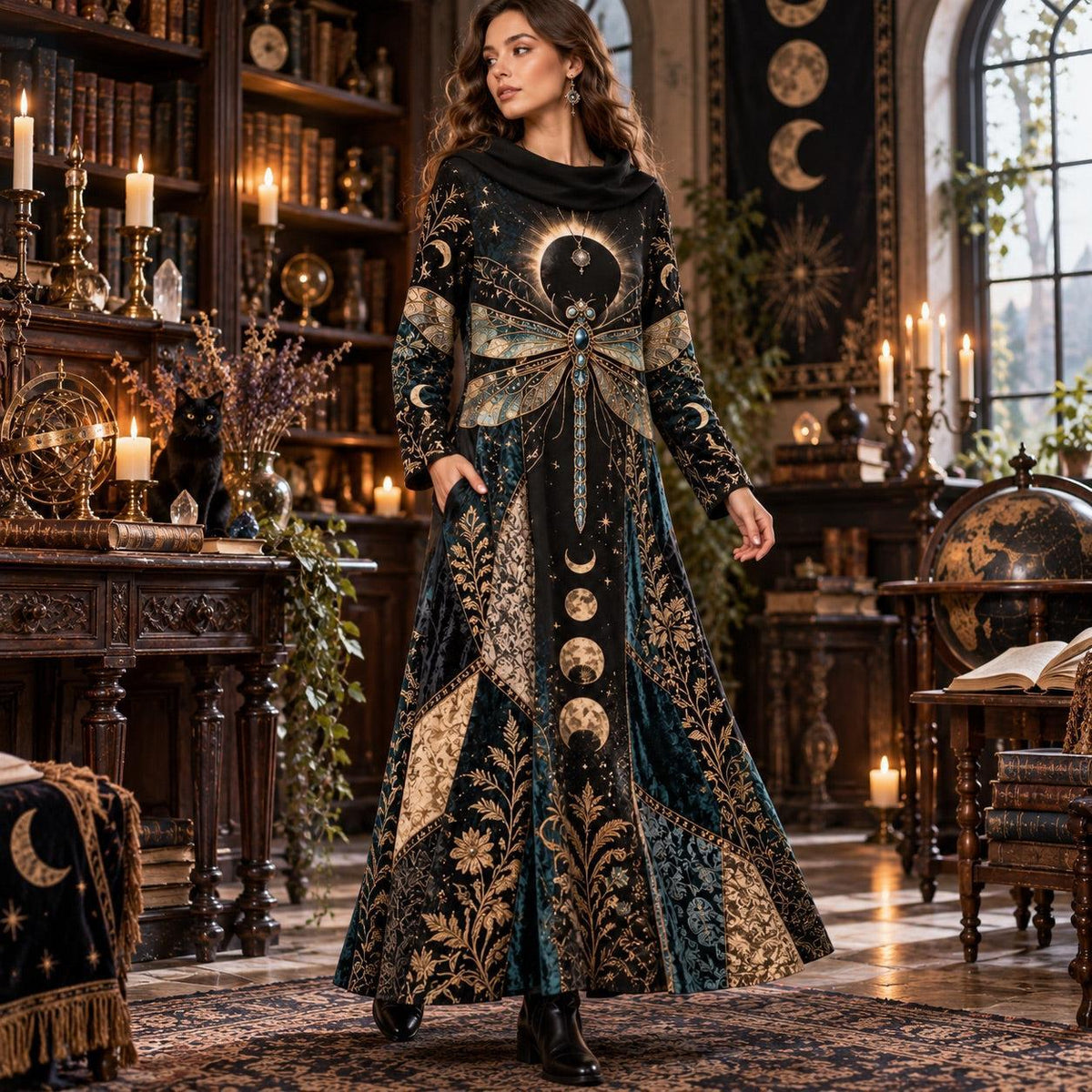Eclipse Dragonfly Celestial Cowl Neck Dress – Witchy Moon Maxi – worn, three quarter view