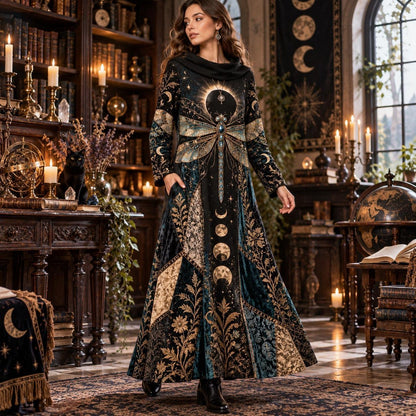 Eclipse Dragonfly Celestial Cowl Neck Dress – Witchy Moon Maxi – worn, three quarter view
