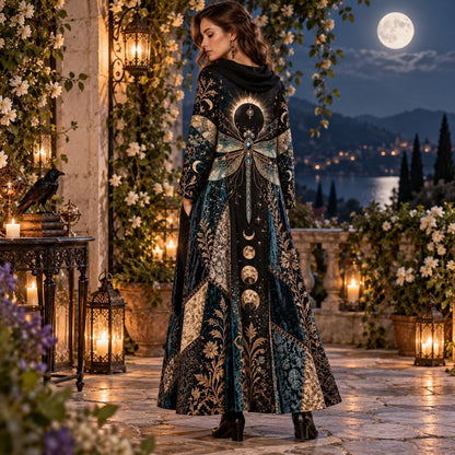 Eclipse Dragonfly Celestial Cowl Neck Dress – Witchy Moon Maxi – worn, showing the side pocket