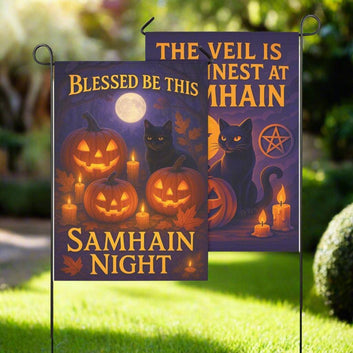 Witch Cat Halloween Wicca Garden Flag and House Flag for Pagan Samhain Home Decor
