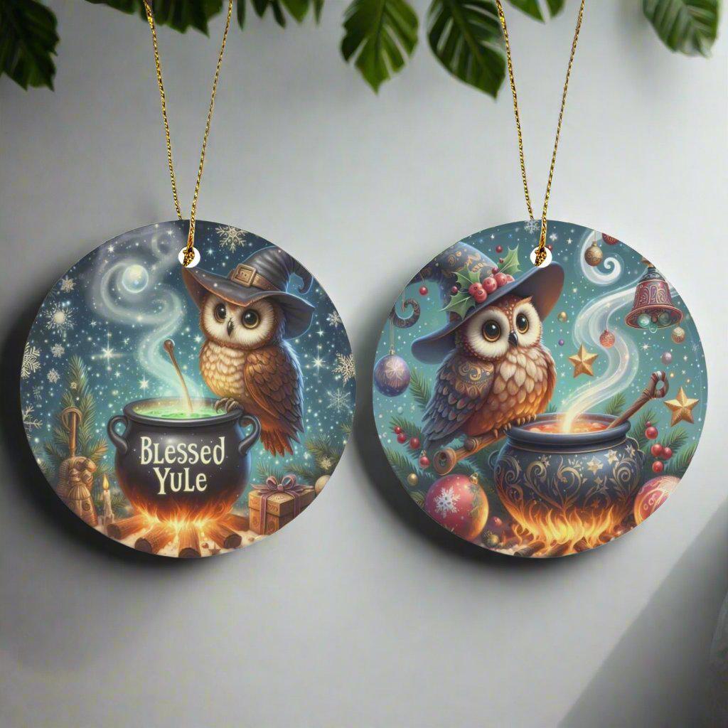 Witchy Owl Ceramic Christmas Ornament for Yule Tree Decorations-MoonChildWorld