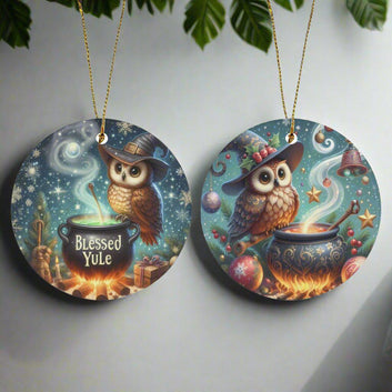 Witchy Owl Ceramic Christmas Ornament for Yule Tree Decorations