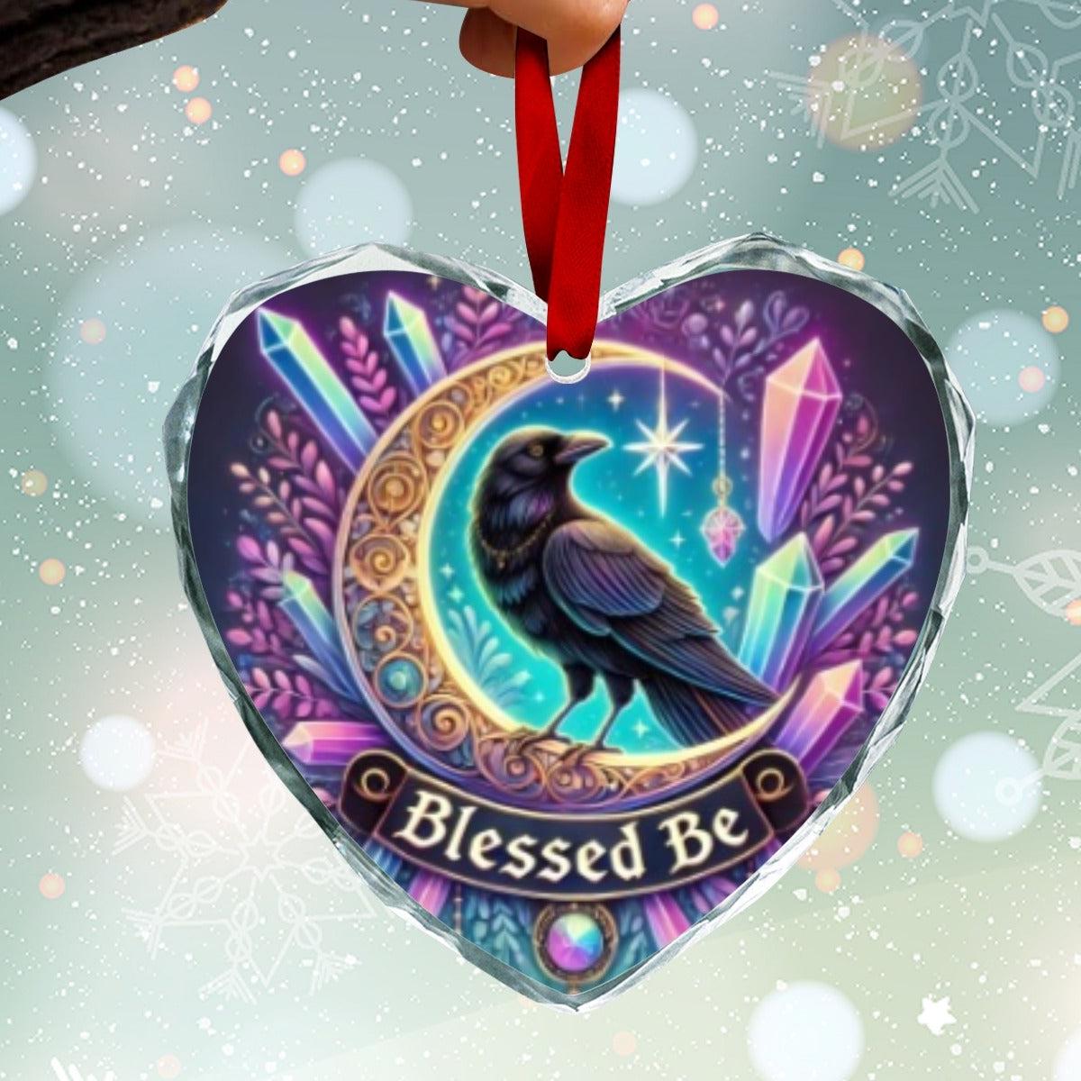 Moon Raven Gothic Crow Witch Christmas Heart-Shaped Crystal Glass Ornament-MoonChildWorld