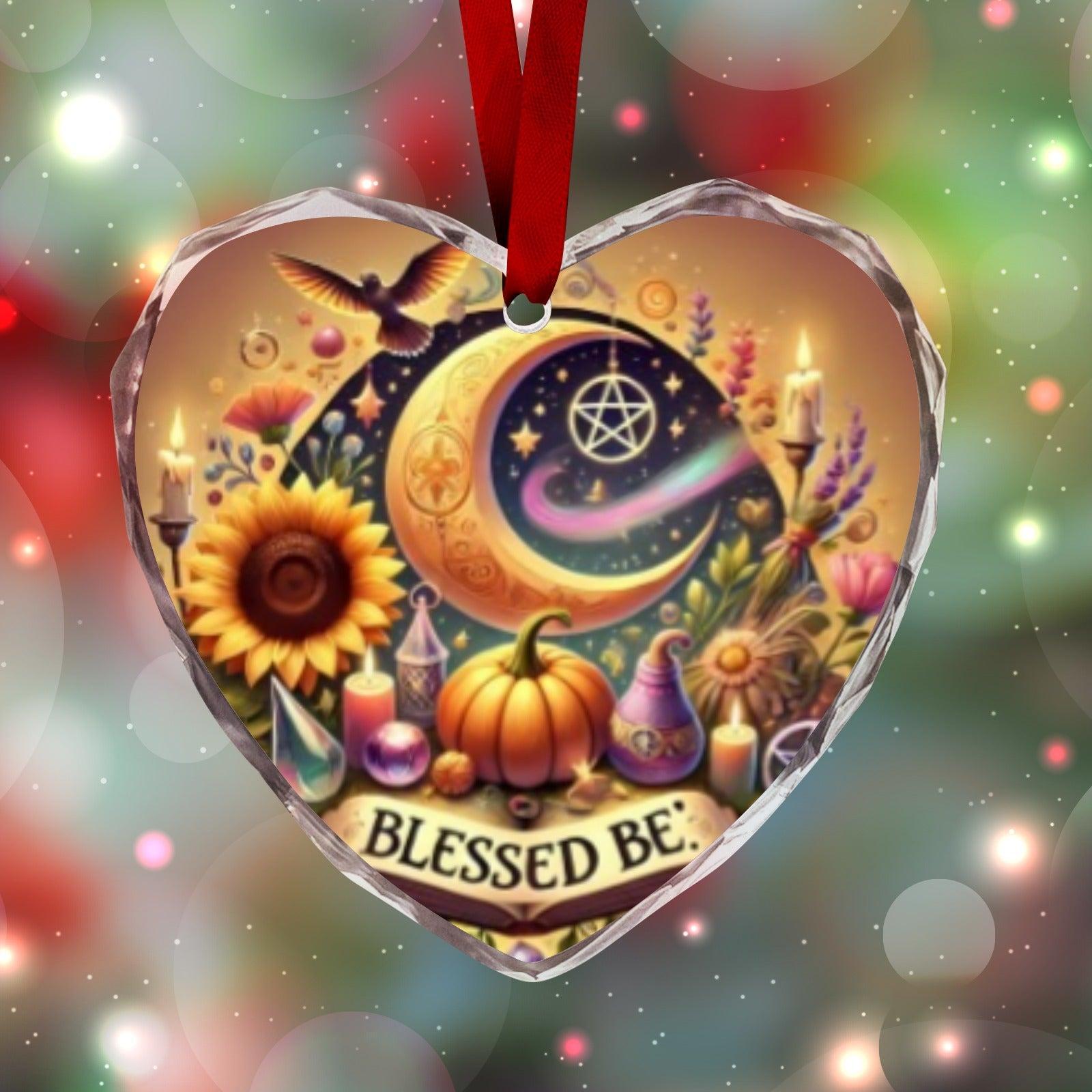Blessed Yule Pentacle Moon Wicca Heart-Shaped Crystal Glass Ornament-MoonChildWorld