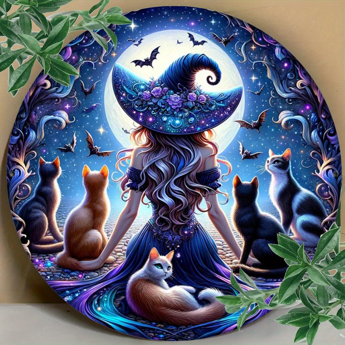 Enchanted Witch & Mysterious Cat Wall Art Witchy Metal Sign for Gothic Christmas Decorations-MoonChildWorld