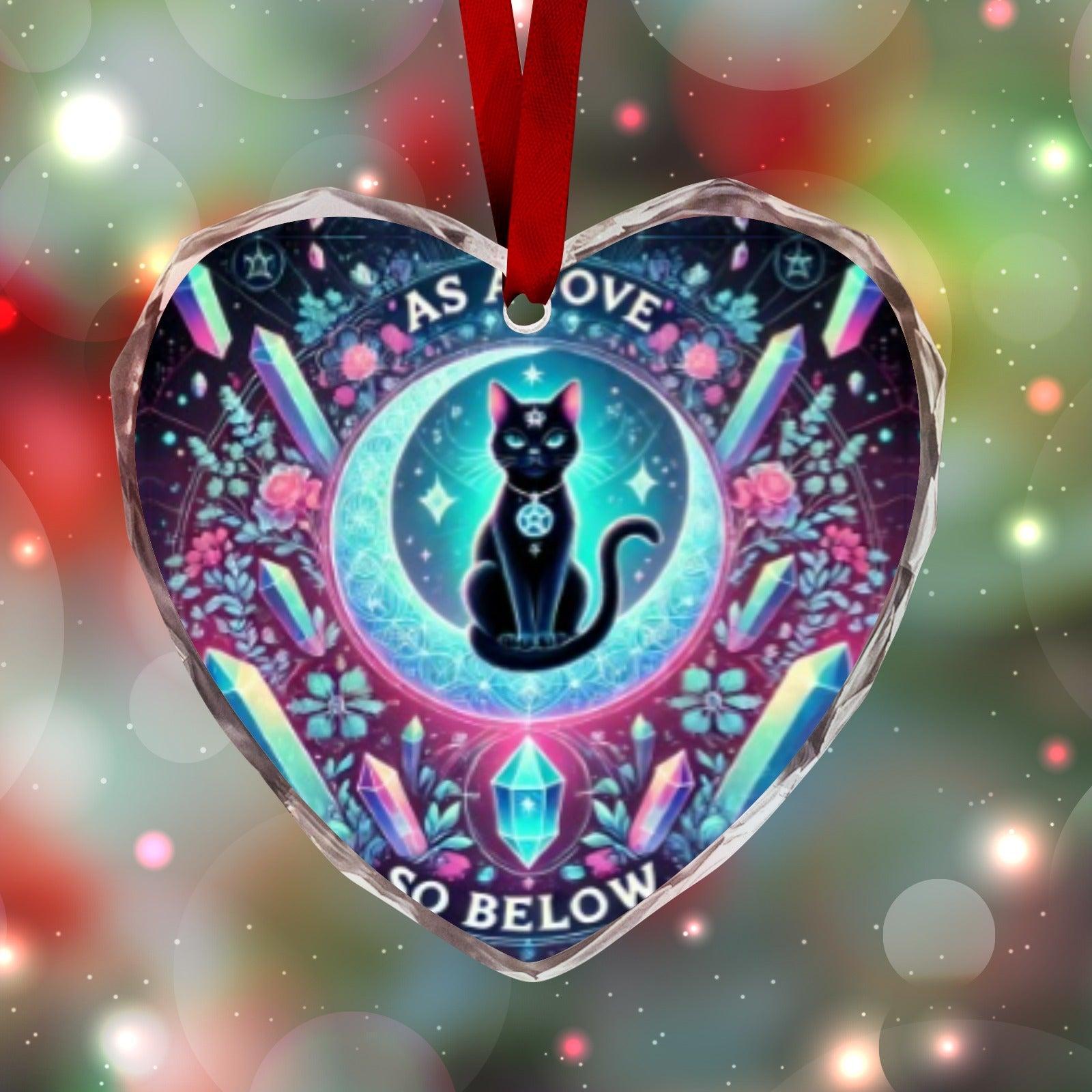 Moon Black Cat Wicca Christmas Heart-Shaped Crystal Glass Ornament-MoonChildWorld