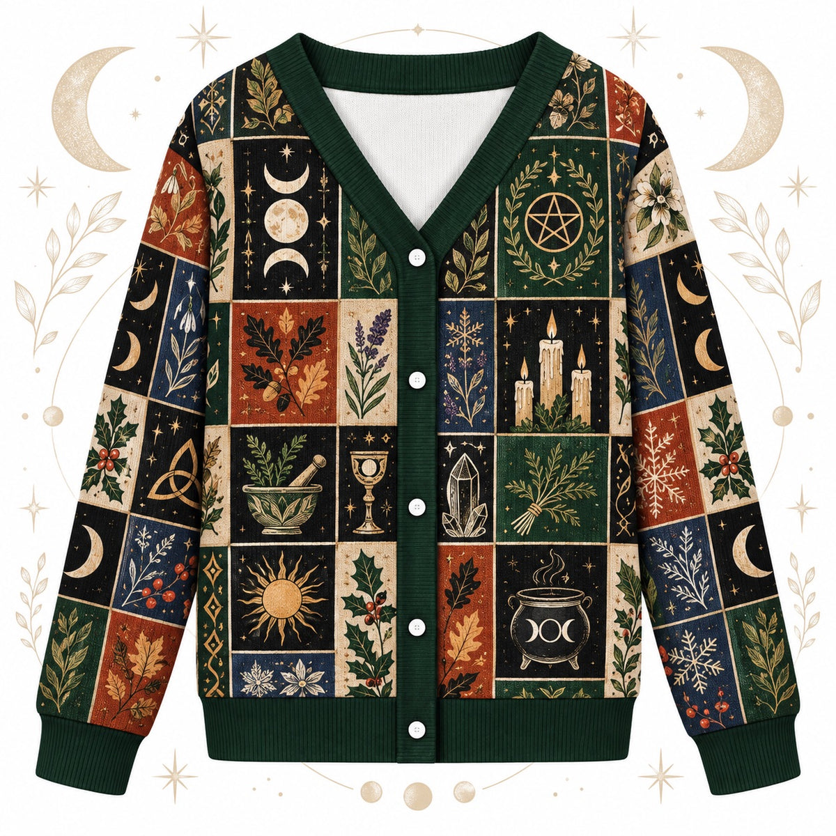 Eight Sabbat Sun Wheel Pagan Cardigan for Women Cauldron Patchwork, front view