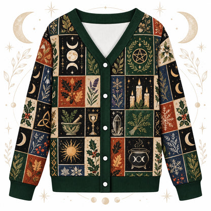 Eight Sabbat Sun Wheel Pagan Cardigan for Women Cauldron Patchwork, front view