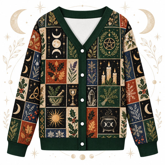 Eight Sabbat Sun Wheel Pagan Cardigan for Women Cauldron Patchwork, front view