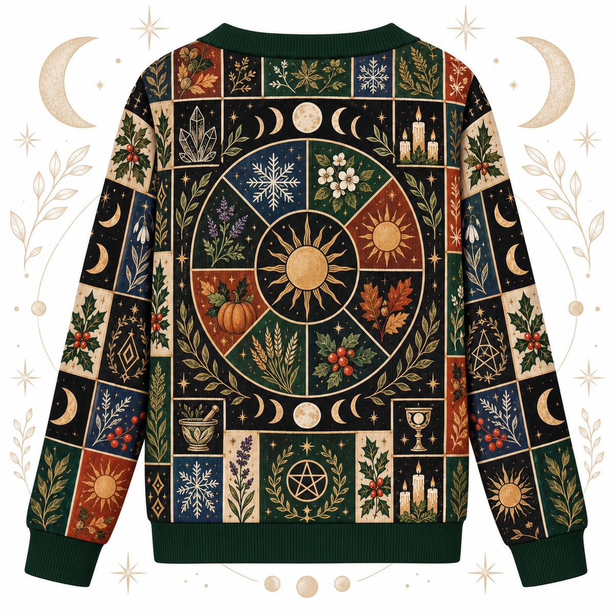 Eight Sabbat Sun Wheel Pagan Cardigan for Women Cauldron Patchwork, back view