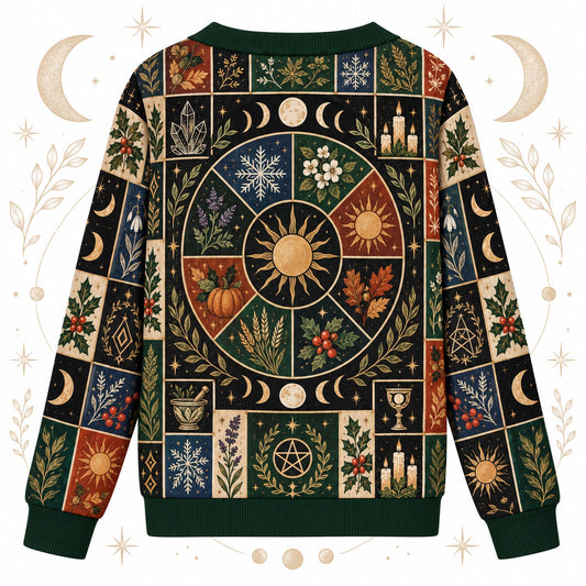 Eight Sabbat Sun Wheel Pagan Cardigan for Women Cauldron Patchwork, back view