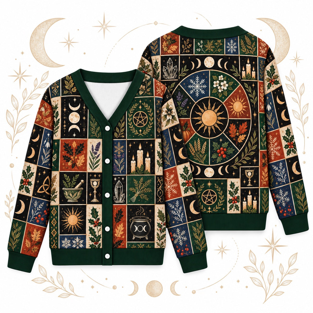 Eight Sabbat Sun Wheel Pagan Cardigan for Women Cauldron Patchwork, front and back shown together
