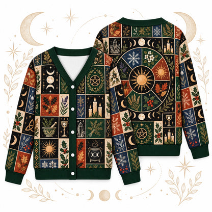 Eight Sabbat Sun Wheel Pagan Cardigan for Women Cauldron Patchwork, front and back shown together